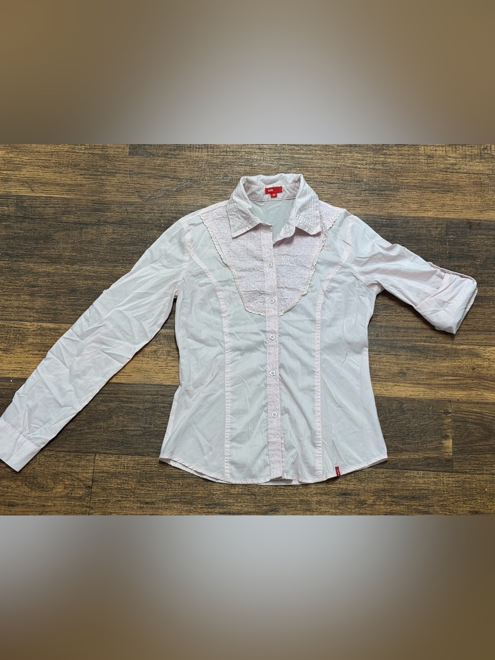 Women’s Light Pink Button-Down Shirt with Lace Trim